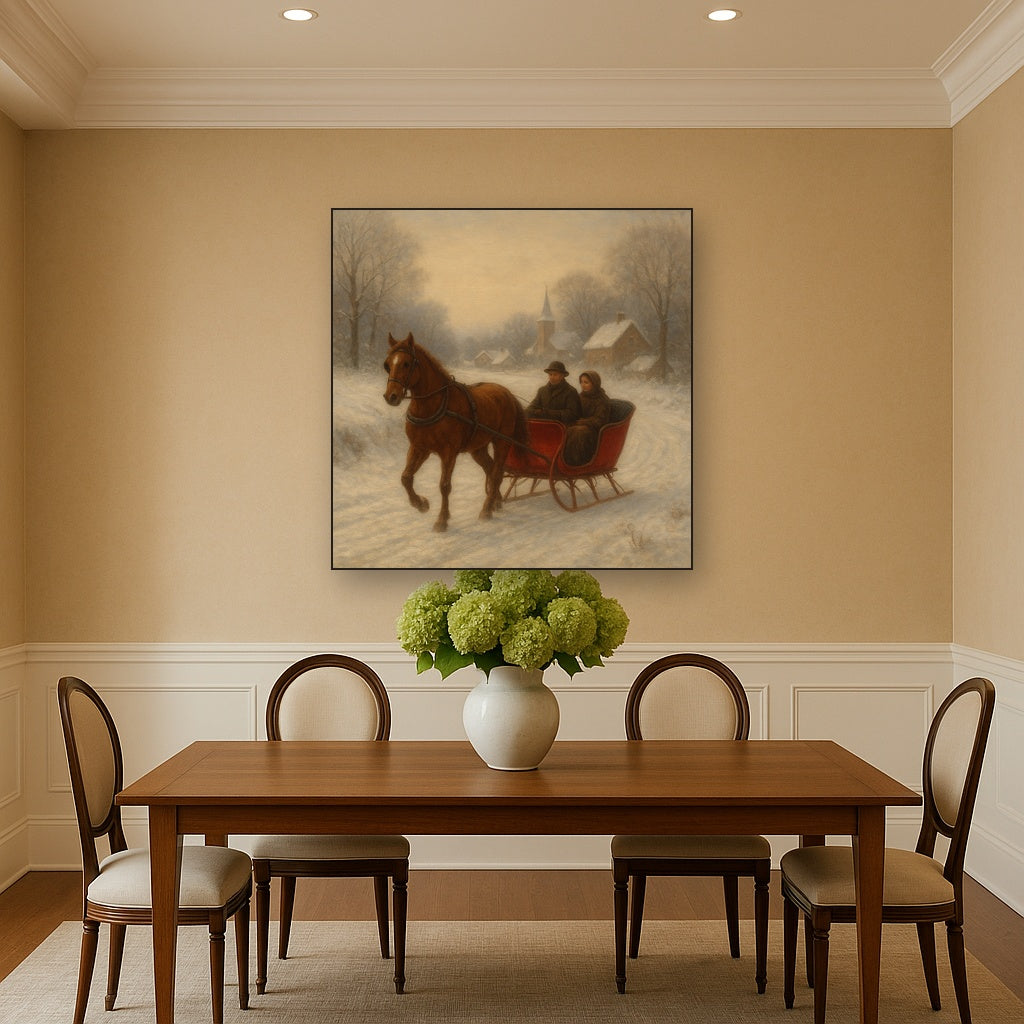 Horse-Drawn Sleigh on Village Snow Road No. 5 Oil Painting - View 4