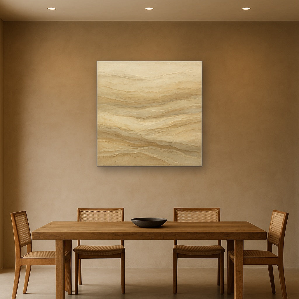 Weathered Mineral Sediments in Warm Ecru No. 4 Oil Painting Staged Above Dining Room Credenza, Elegant Hand Painted Oil Art for Dining Room Walls