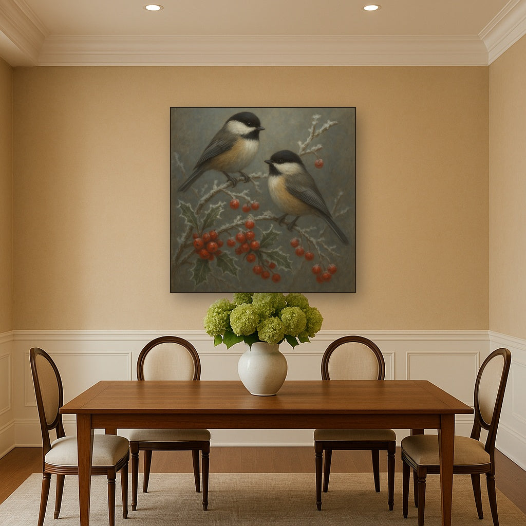 Winter Birds on Frosty Red Berry Branch No. 7 Oil Painting - View 4