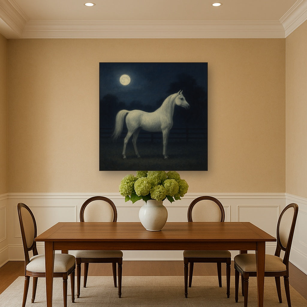 Moonlit Paddock with White Arabian Silhouette No. 12 Oil Painting - View 4