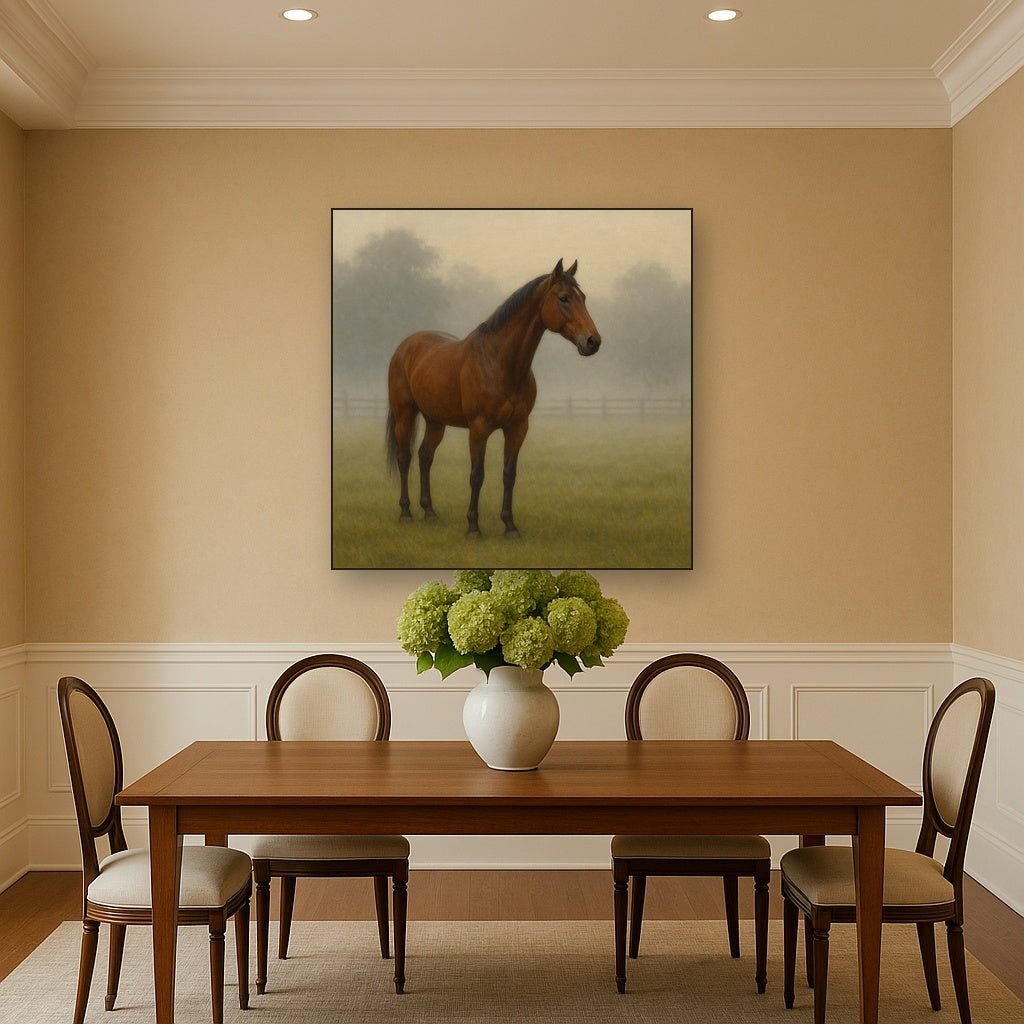 Thoroughbred in Morning Pasture Mist No. 19 Oil Painting Staged Above Dining Room Credenza, Elegant Hand Painted Oil Art for Dining Room Walls
