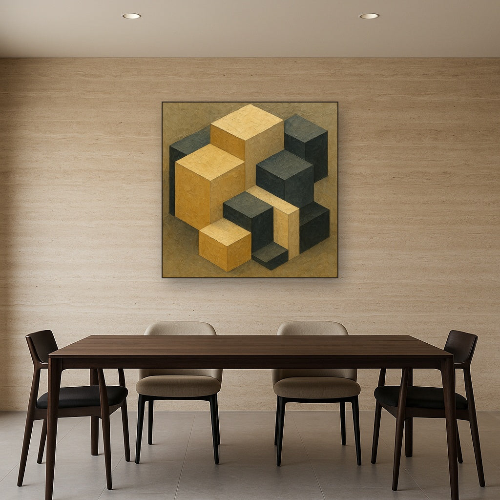 Isometric Modernist Cube Abstraction No. 7 Oil Painting - Styled in Elegant Dining Room