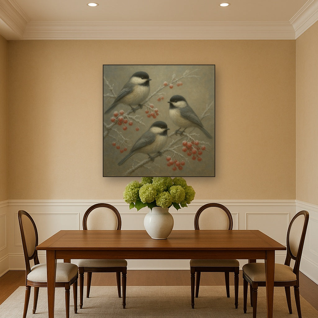 Winter Birds on Frosty Red Berry Branch Oil Painting - View 4