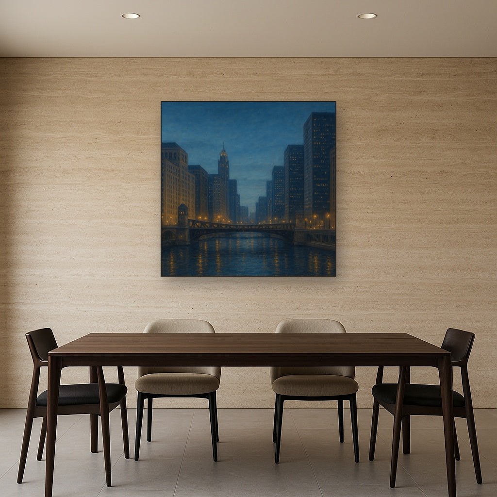 Chicago Riverfront Architecture at Blue Hour No. 24 Oil Painting - View 4