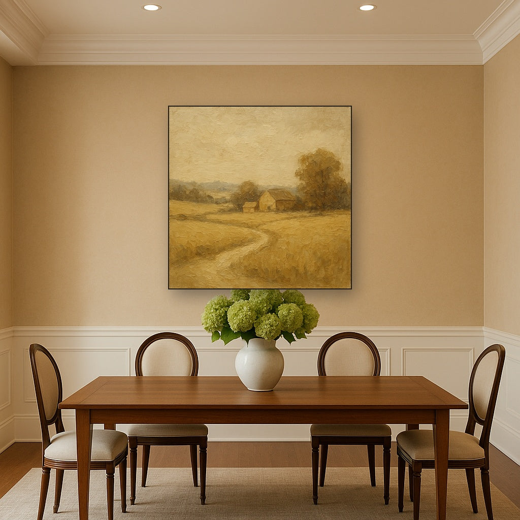Earthy Linen Plaster Countryside Calm Oil Painting - Styled in Elegant Dining Room
