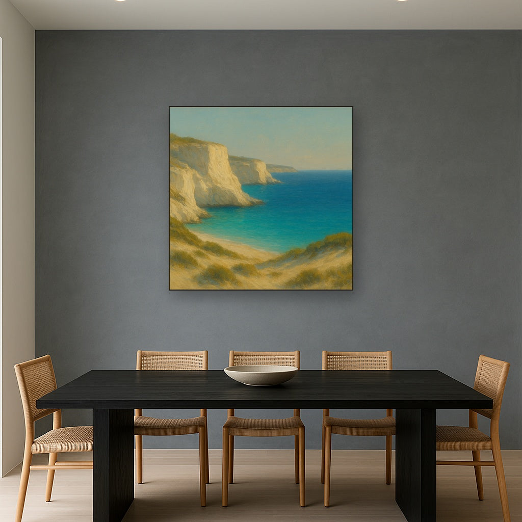 Mediterranean White Cliffs & Turquoise Cove No. 3 Oil Painting Staged Above Dining Room Credenza, Elegant Hand Painted Oil Art for Dining Room Walls