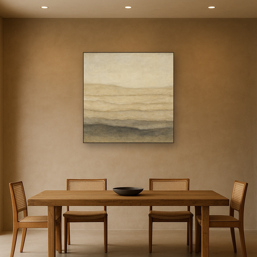 Raw Limestone Horizon & Washed Linen Oil Painting Staged Above Dining Room Credenza, Elegant Hand Painted Oil Art for Dining Room Walls