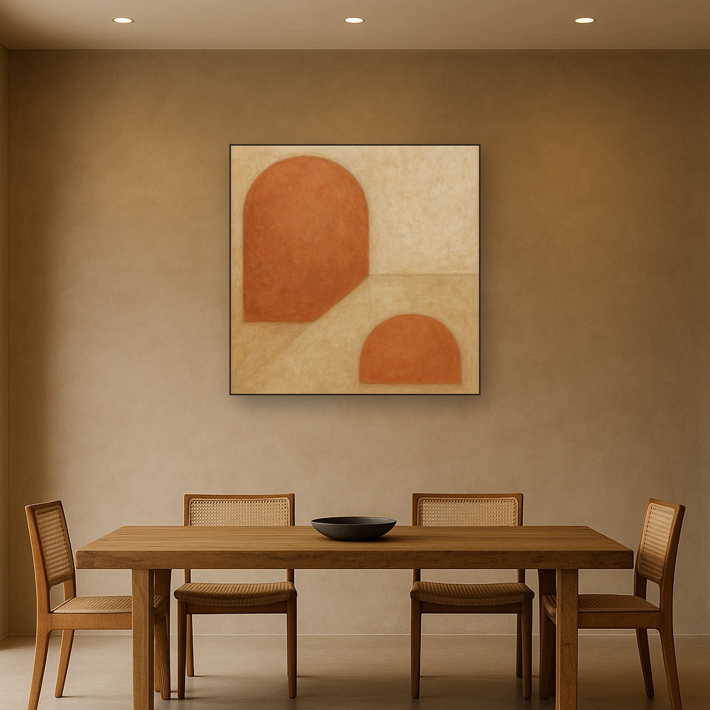 Earthy Terracotta & Weathered Plaster Wash No. 5 Oil Painting Staged Above Dining Room Credenza, Elegant Hand Painted Oil Art for Dining Room Walls