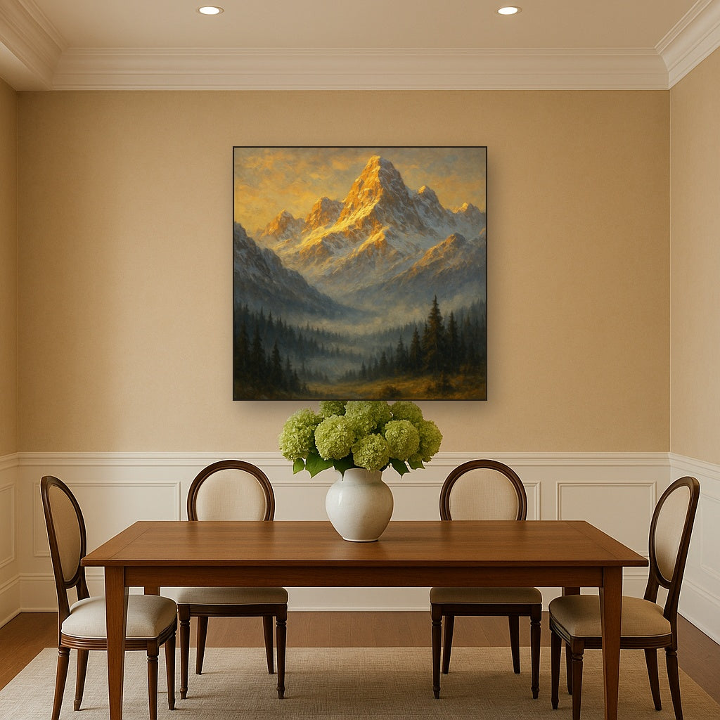 Alpine Peak Sunrise Landscape Oil Painting - Styled in Elegant Dining Room