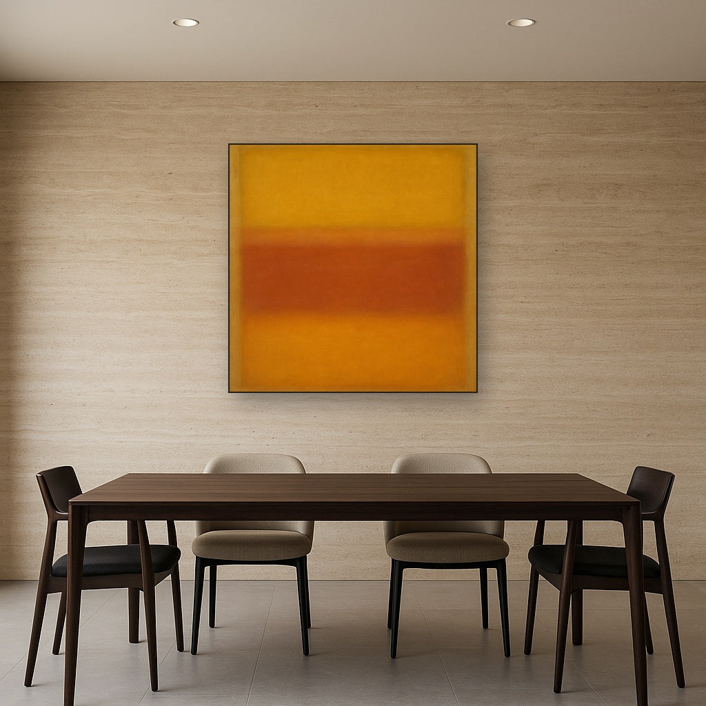 Luminous Ochre & Terracotta Horizon Color Field No. 10 Oil Painting Staged Above Dining Room Credenza, Elegant Hand Painted Oil Art for Dining Room Walls