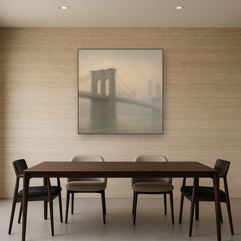 Brooklyn Bridge in Morning River Mist No. 30 Oil Painting Staged Above Dining Room Credenza, Elegant Hand Painted Oil Art for Dining Room Walls