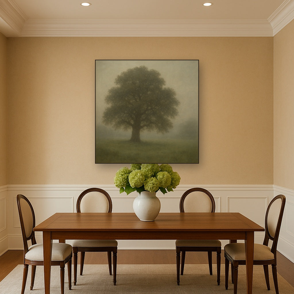 Ancient Solitary Oak in Morning Fog Oil Painting - View 4