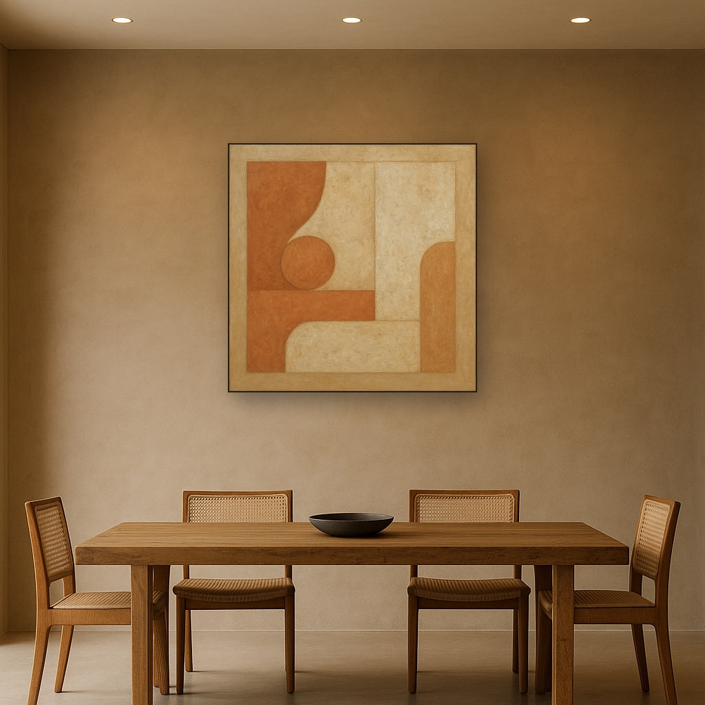 Earthy Terracotta & Weathered Plaster Wash No. 14 Oil Painting Staged Above Dining Room Credenza, Elegant Hand Painted Oil Art for Dining Room Walls