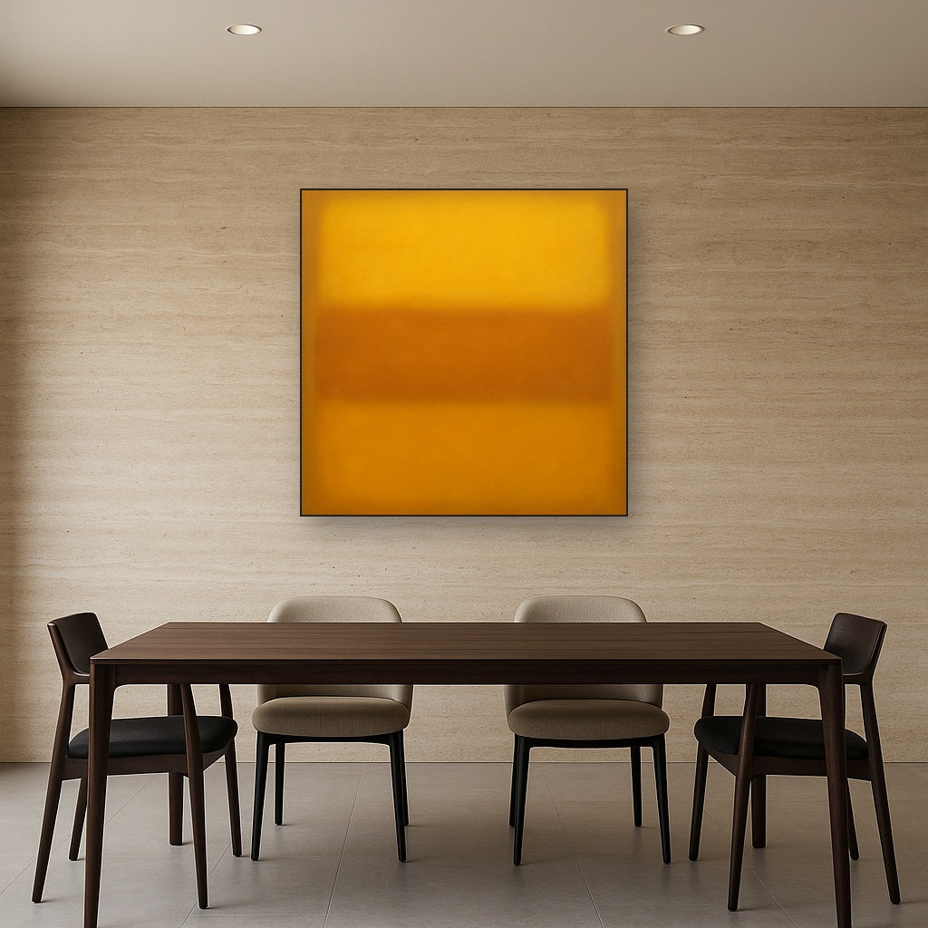 Warm Amber & Raw Sienna Sunset Meditation No. 30 Oil Painting Staged Above Dining Room Credenza, Elegant Hand Painted Oil Art for Dining Room Walls