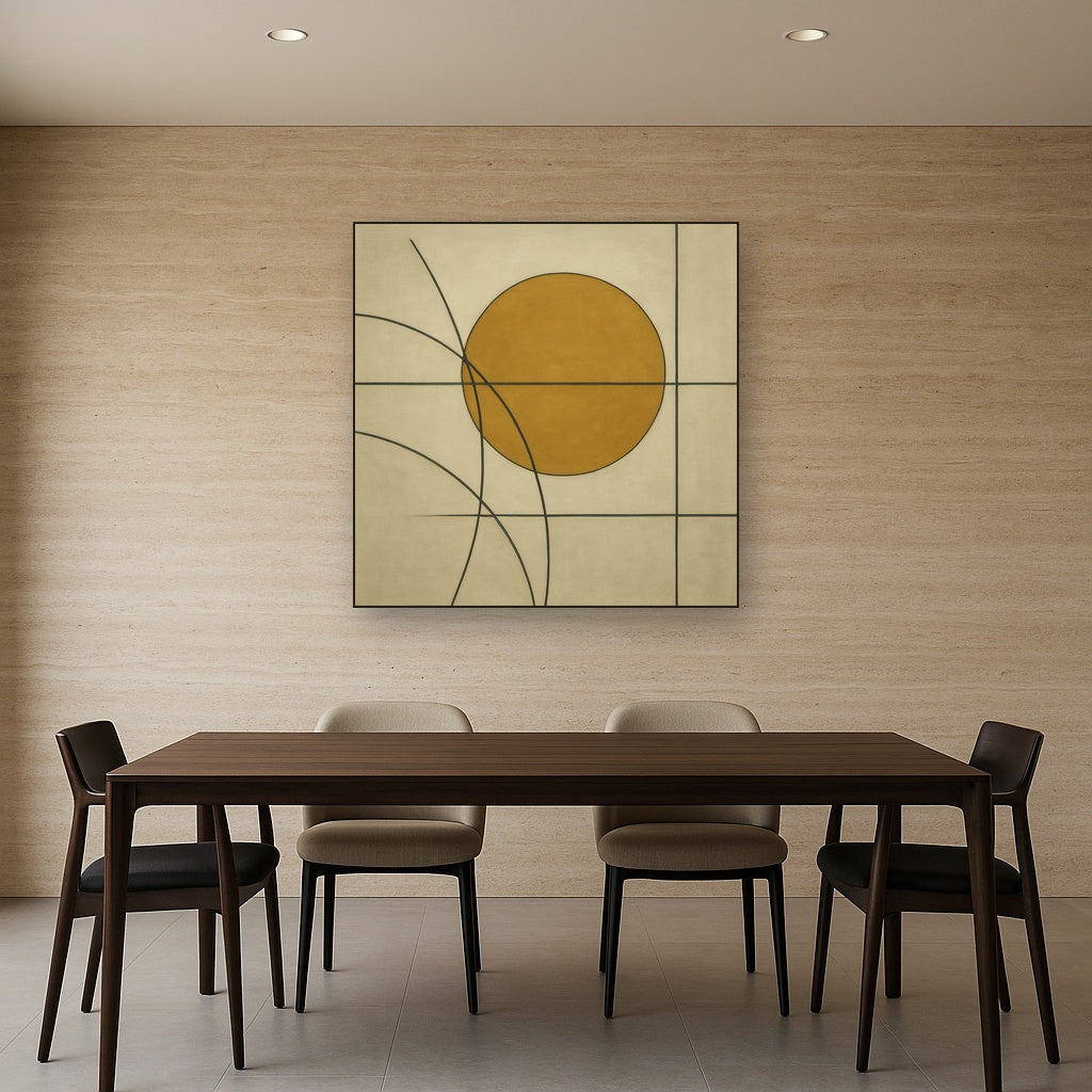 Abstract Tangent Lines & Earthy Ochre Disc No. 14 Oil Painting - View 4
