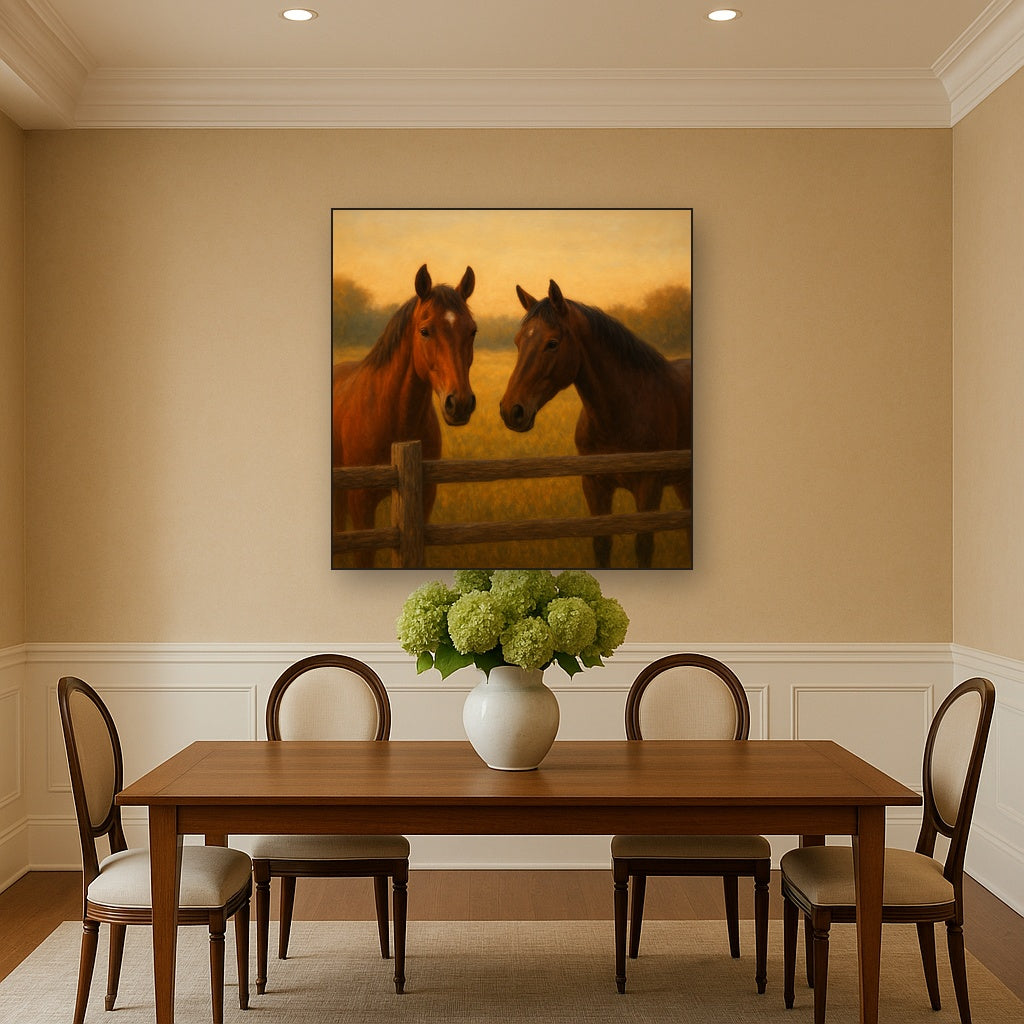 Two Horses at Rustic Post & Rail Fence No. 3 Oil Painting - View 4