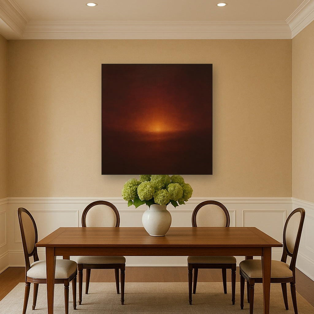 Deep Garnet & Amber Candlelight Horizon No. 20 Oil Painting Staged Above Dining Room Credenza, Elegant Hand Painted Oil Art for Dining Room Walls