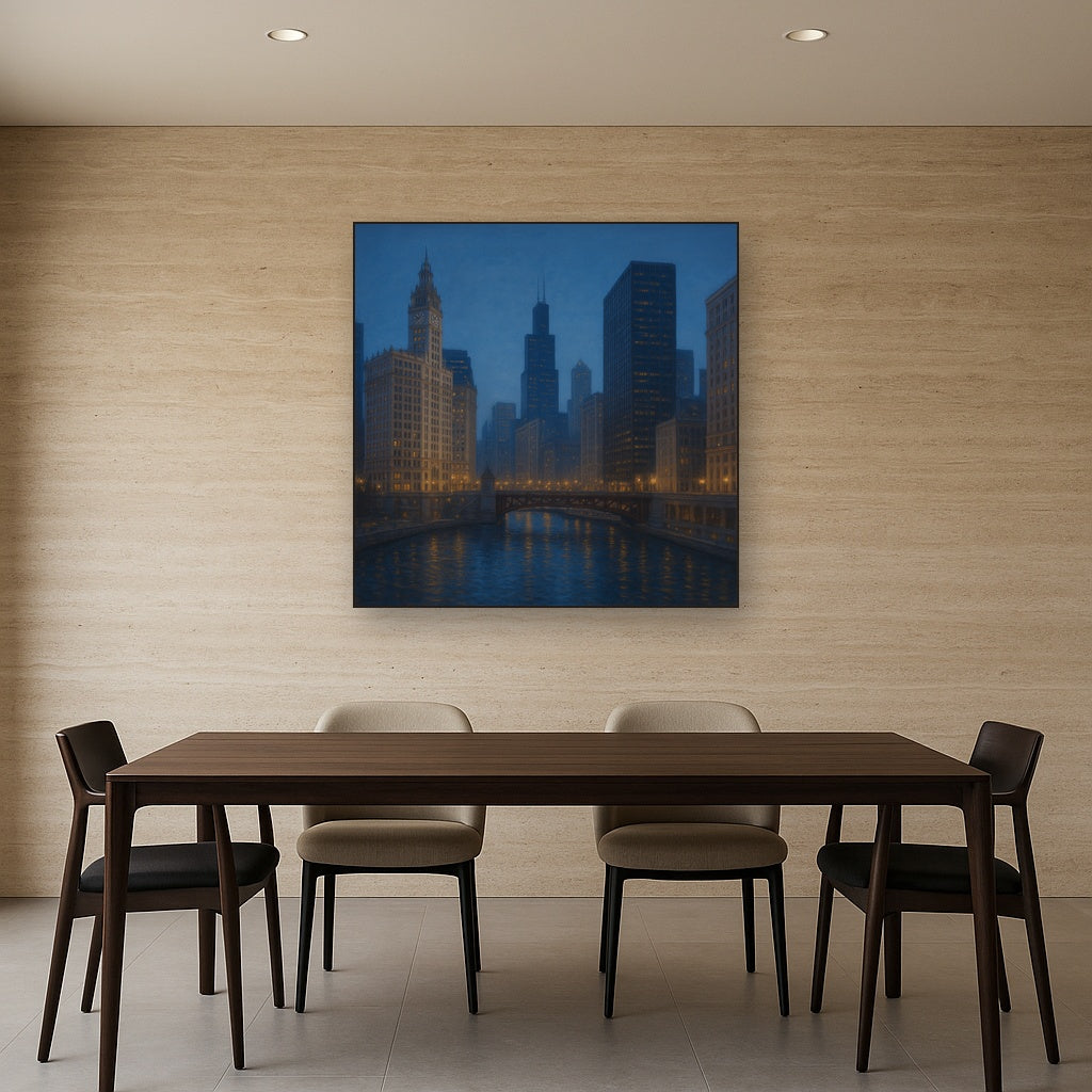 Chicago Riverfront Architecture at Blue Hour No. 22 Oil Painting - View 4