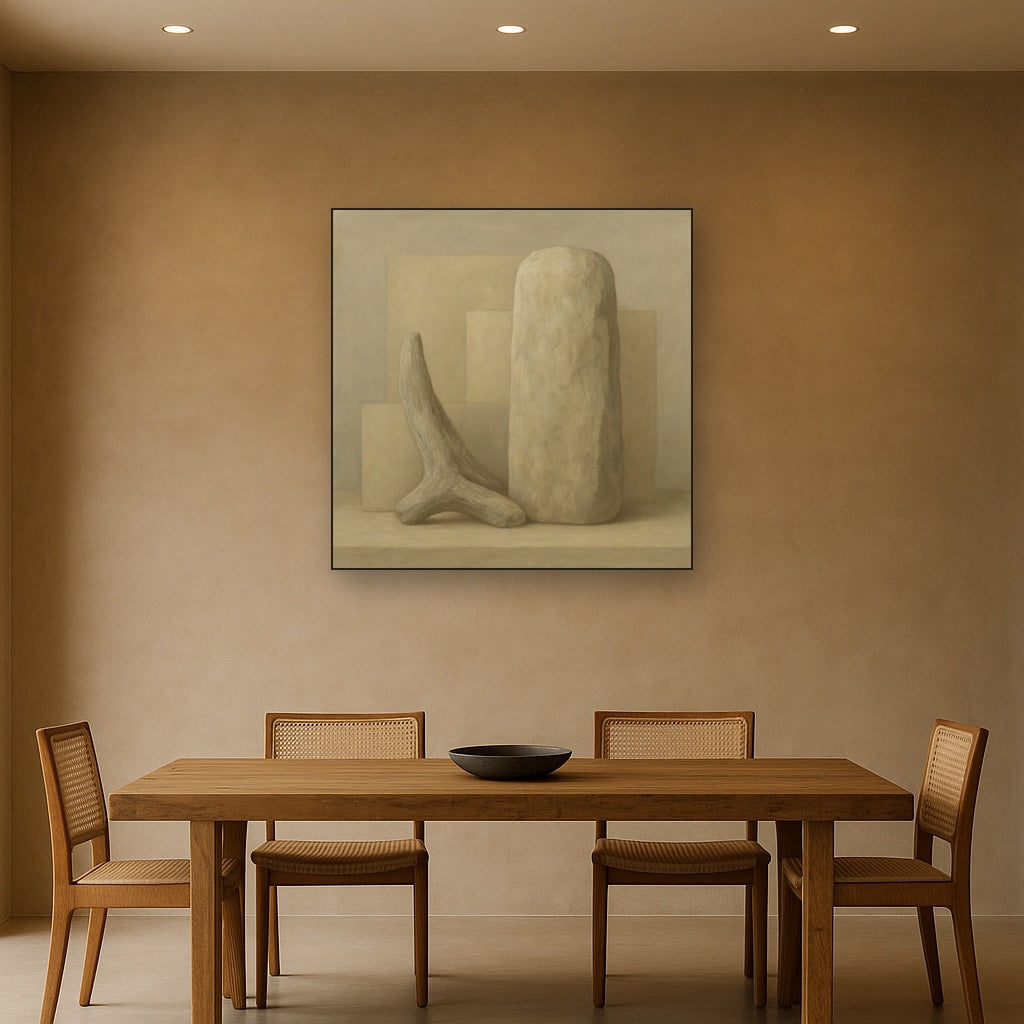 Driftwood Grey & Weathered Stone Monolith No. 9 Oil Painting Staged Above Dining Room Credenza, Elegant Hand Painted Oil Art for Dining Room Walls