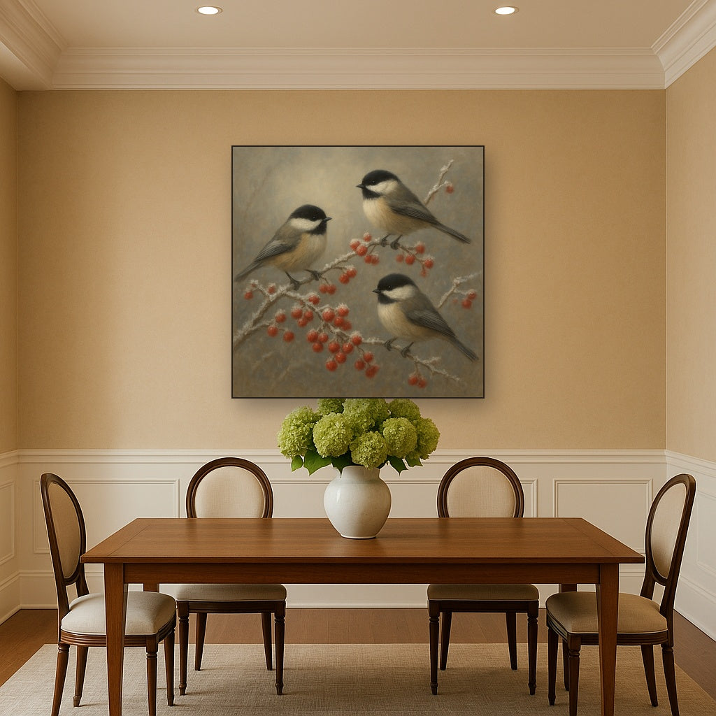 Winter Birds on Frosty Red Berry Branch No. 3 Oil Painting - View 4