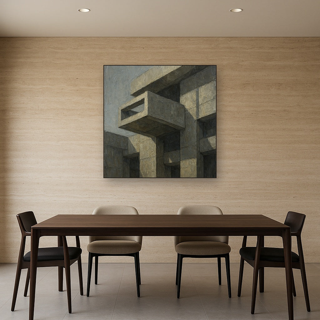 Brutalist Cantilevered Balcony Study No. 5 Oil Painting - Styled in Elegant Dining Room