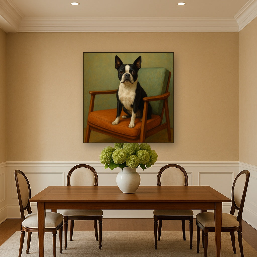 Boston Terrier in Warm Mid-Century Armchair No. 11 Fine Art Oil Painting - View 4