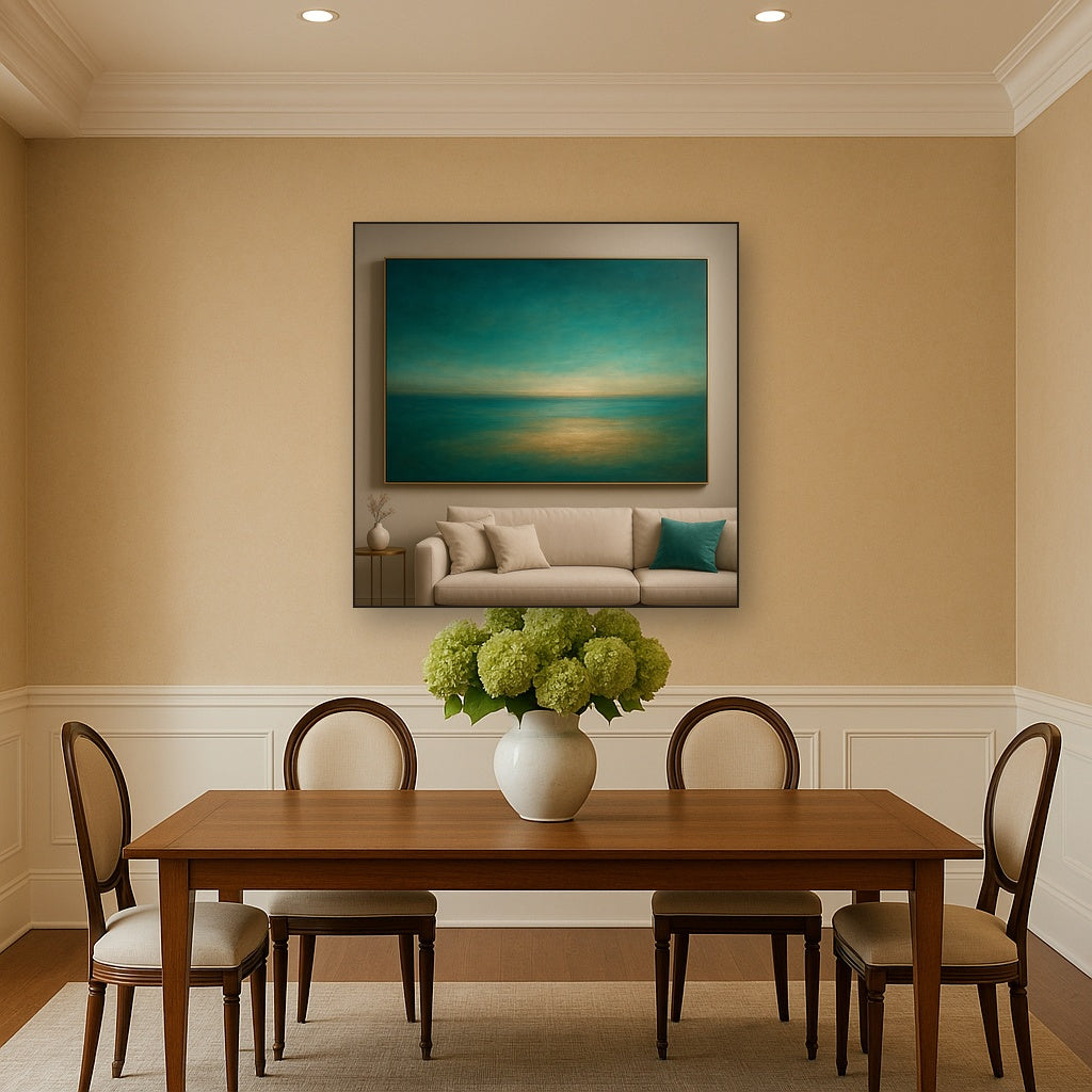 Peacock Teal & Champagne Gold Horizon No. 17 Oil Painting Staged Above Dining Room Credenza, Elegant Hand Painted Oil Art for Dining Room Walls