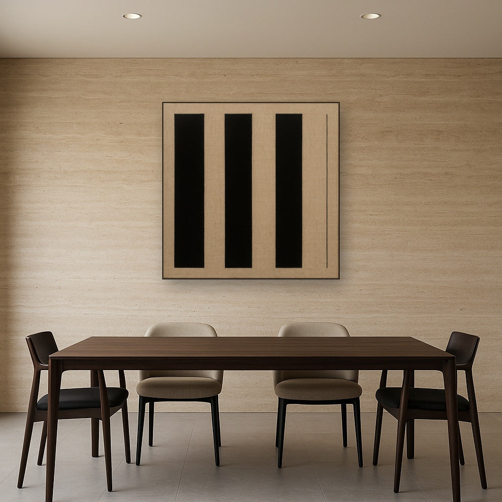 Minimalist Black Stripe & Raw Linen Rhythm No. 13 Fine Art Oil Painting - View 4