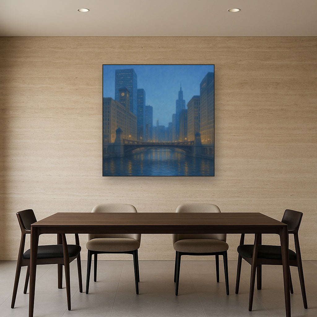 Chicago Riverfront Architecture at Blue Hour No. 10 Oil Painting - View 4