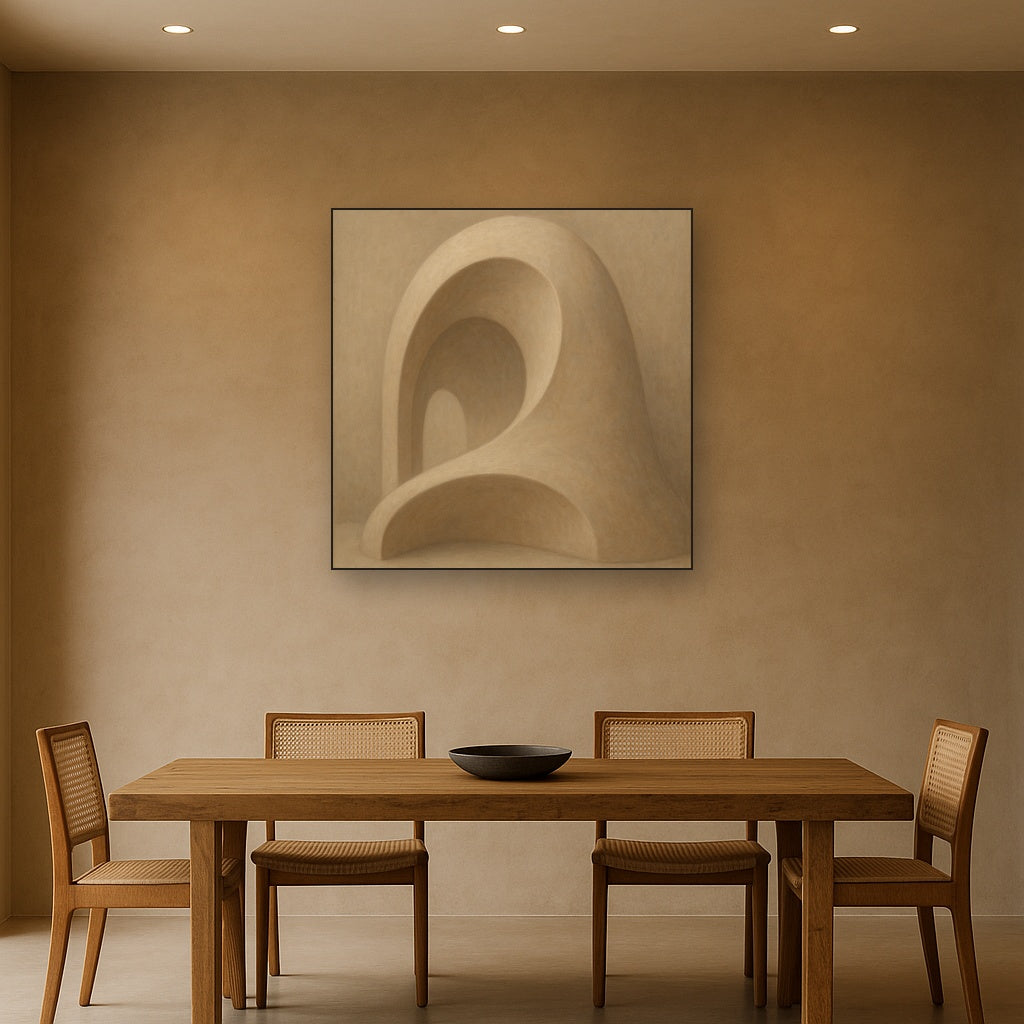 Soft Architectural Curve in Desert Bone No. 24 Oil Painting Staged Above Dining Room Credenza, Elegant Hand Painted Oil Art for Dining Room Walls