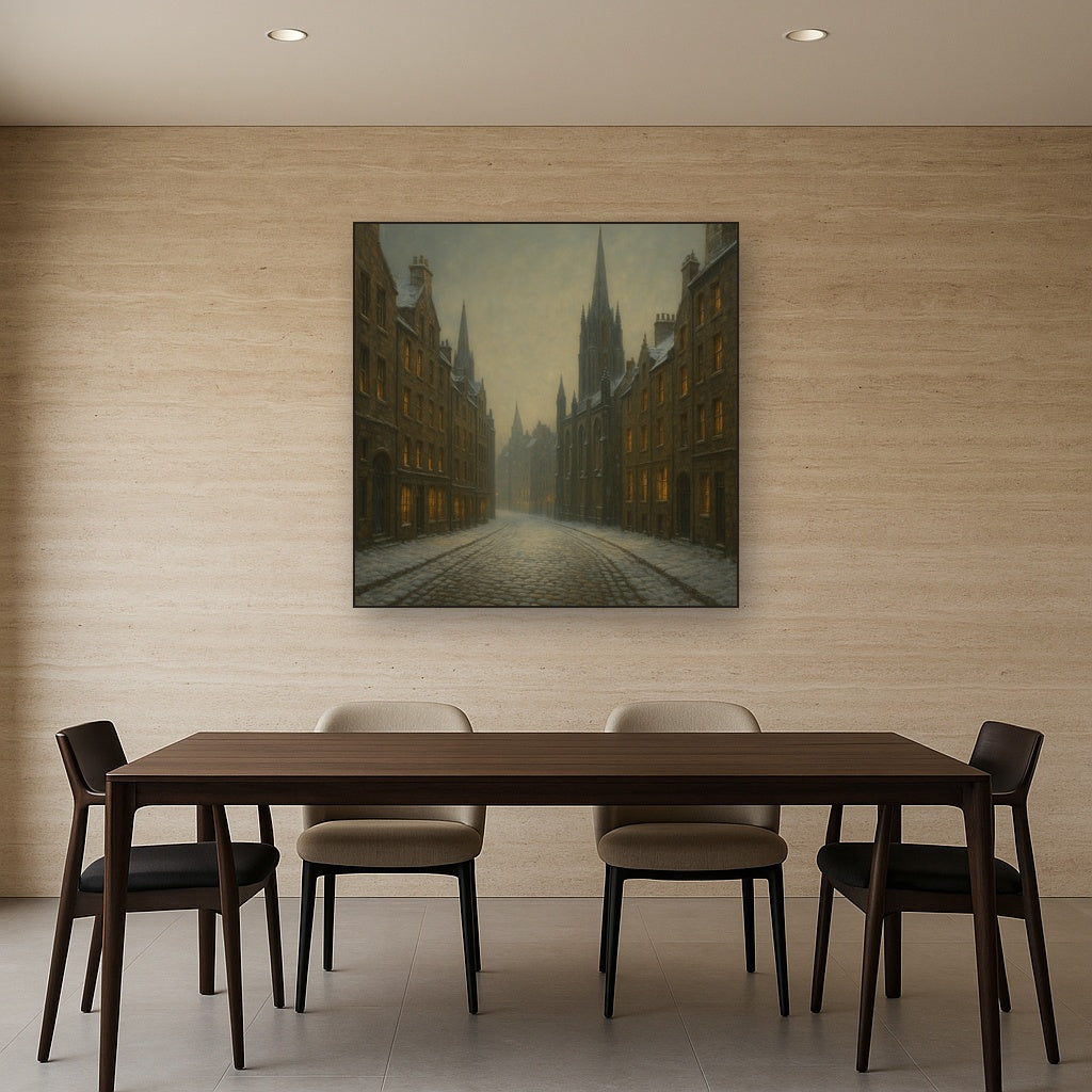 Edinburgh Old Town Royal Mile in Snow No. 14 Oil Painting Staged Above Dining Room Credenza, Elegant Hand Painted Oil Art for Dining Room Walls