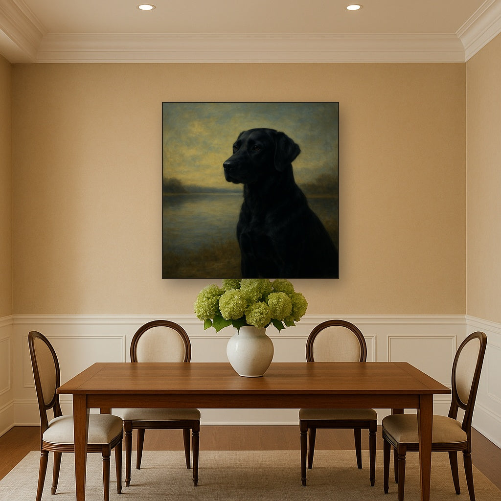 Black Labrador Retriever by Misty Lake Horizon No. 2 Fine Art Oil Painting - View 4