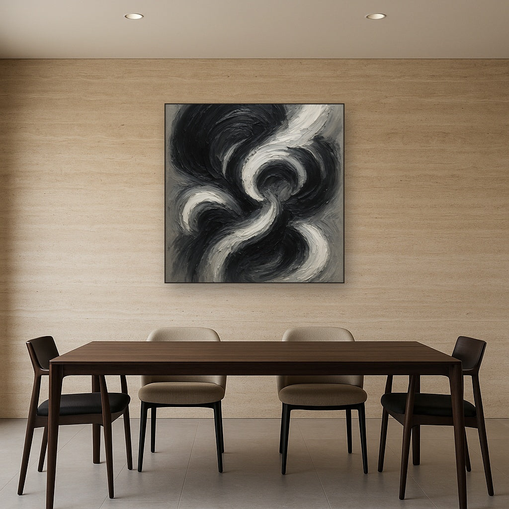 Kinetic Obsidian & Alabaster Abstract Oil Painting - View 4