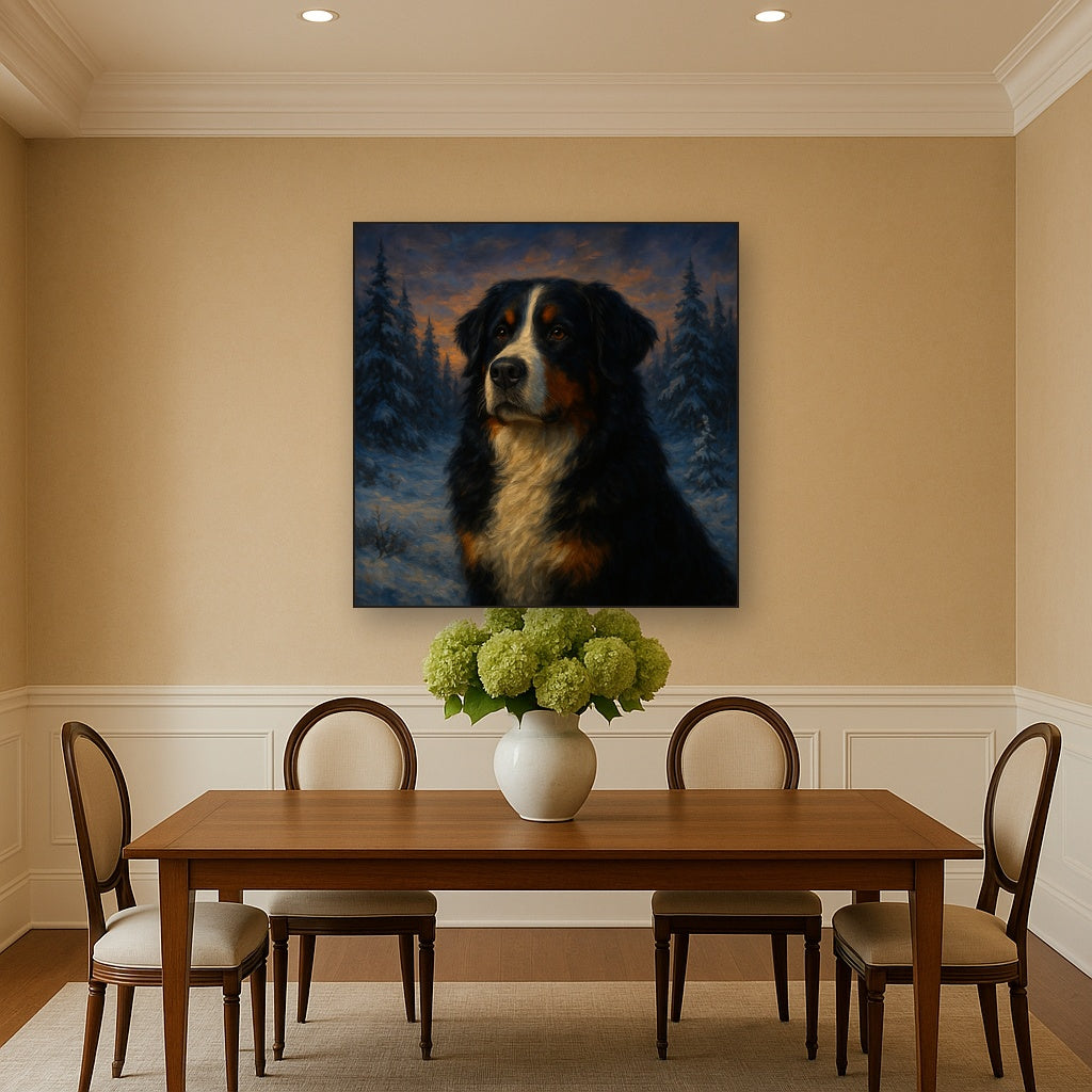 Bernese Mountain Dog in Winter Snowscape Fine Art Oil Painting - View 4