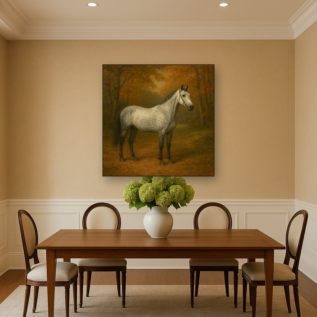 Dappled Grey Hunter in Autumn Woodland No. 4 Oil Painting Staged Above Dining Room Credenza, Elegant Hand Painted Oil Art for Dining Room Walls