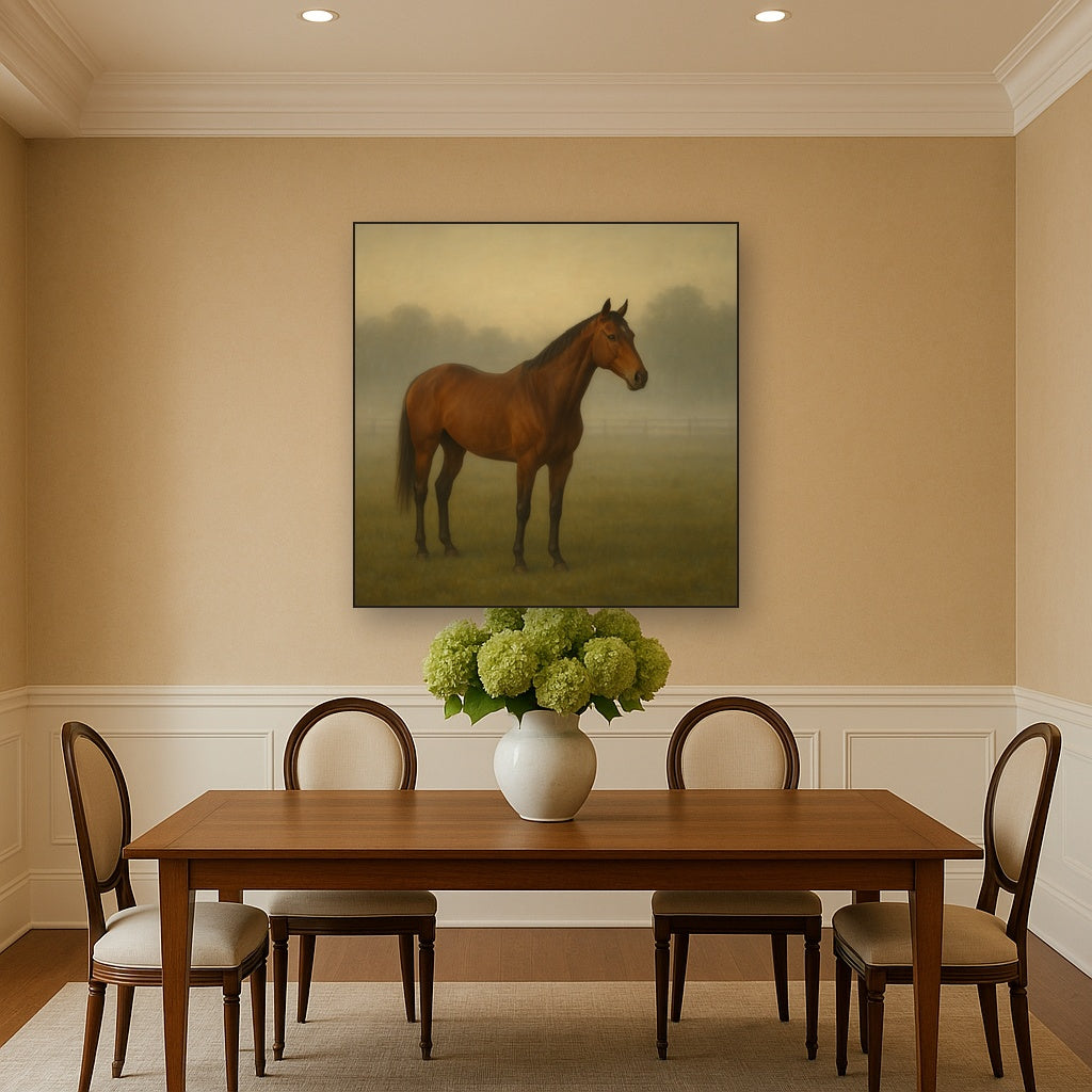 Thoroughbred in Morning Pasture Mist No. 4 Oil Painting - View 4