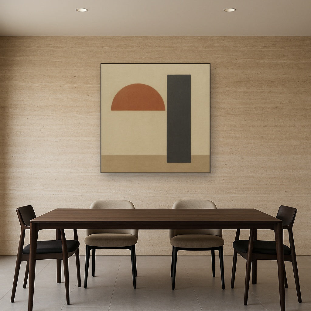 Semicircle Horizon & Minimalist Pillar No. 23 Oil Painting Staged Above Dining Room Credenza, Elegant Hand Painted Oil Art for Dining Room Walls