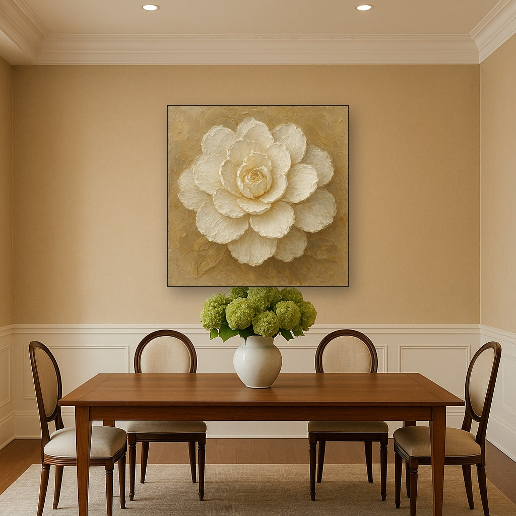 Sculptural White Camellia Heavy Impasto Oil Painting - View 4