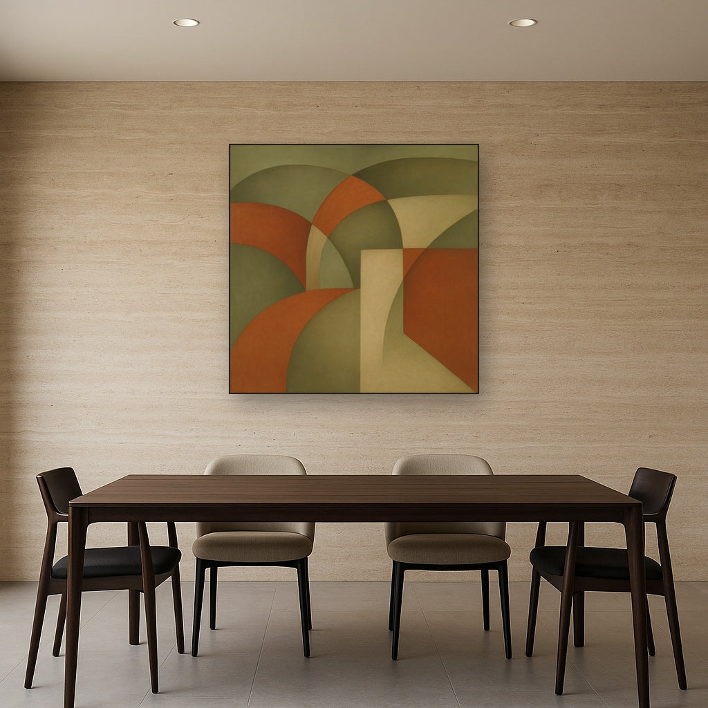 Intersecting Curved Forms in Olive & Rust No. 23 Oil Painting Staged Above Dining Room Credenza, Elegant Hand Painted Oil Art for Dining Room Walls