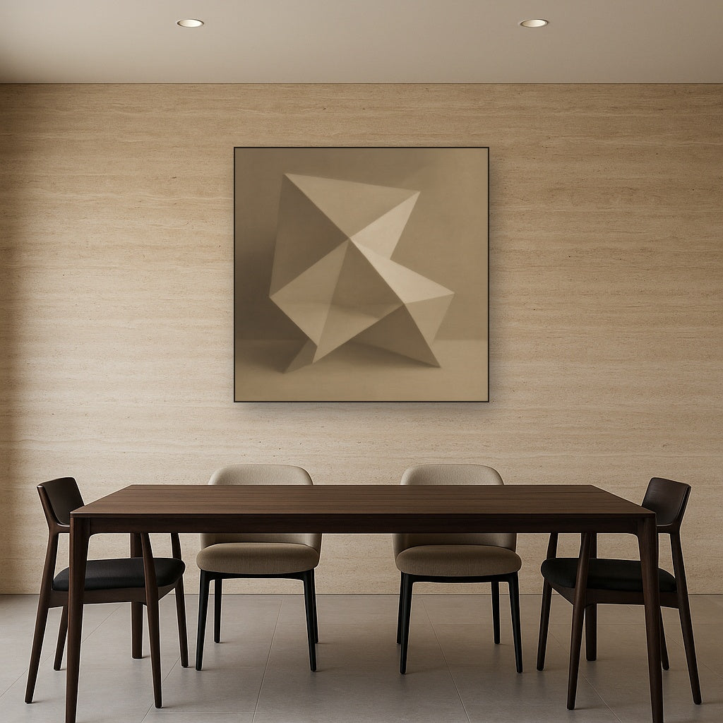 Folded Paper Geometry in Neutral Gradient Shadows No. 22 Oil Painting Staged Above Dining Room Credenza, Elegant Hand Painted Oil Art for Dining Room Walls