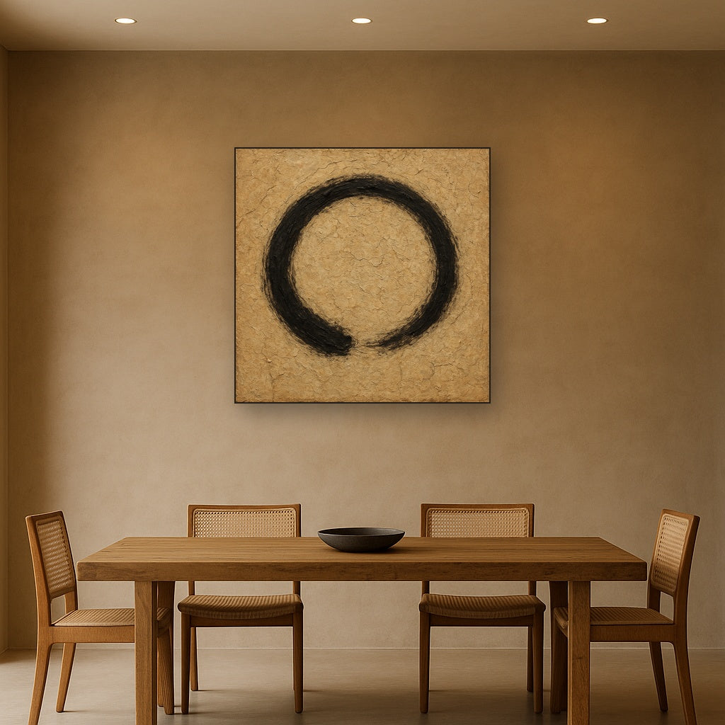 Zen Enso Circle Imperfection Oil Painting - Styled in Elegant Dining Room