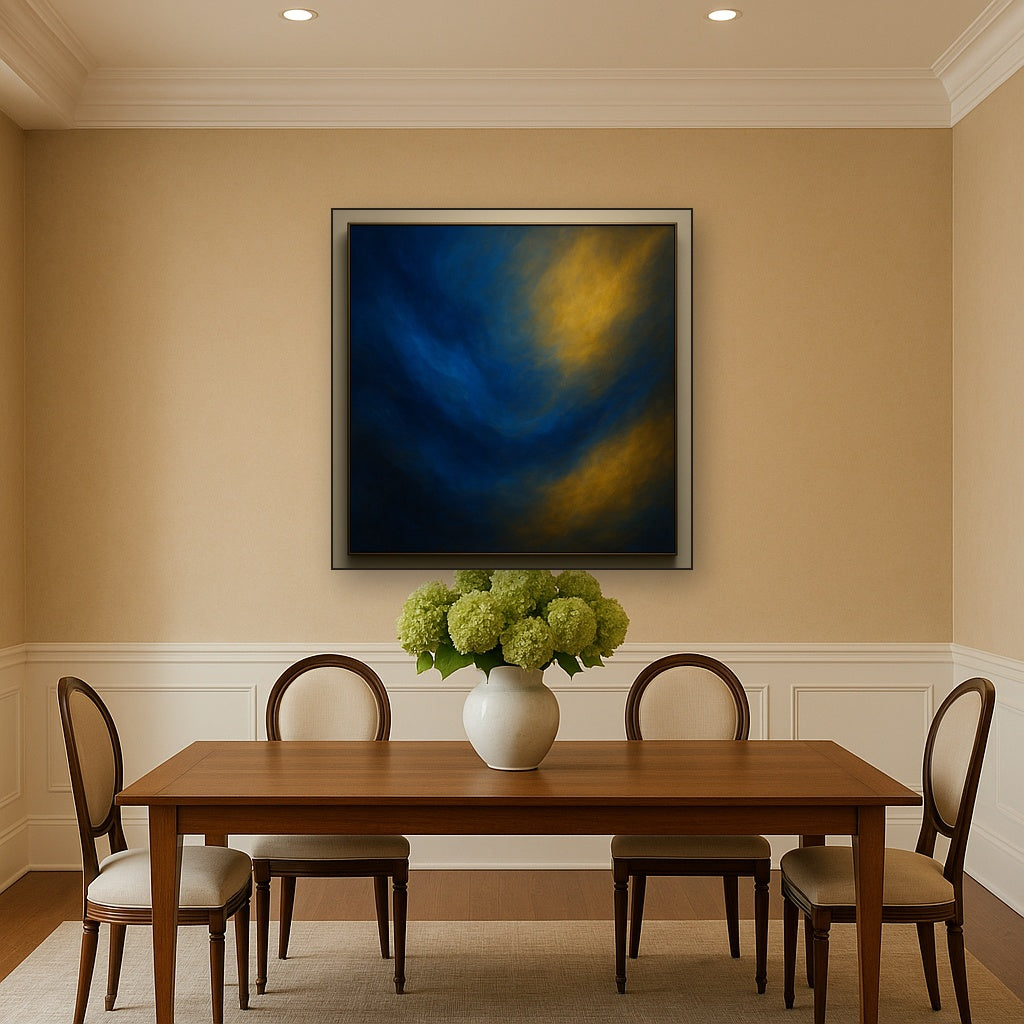 Lapis Lazuli & Golden Ochre Luminous Field No. 2 Oil Painting Staged Above Dining Room Credenza, Elegant Hand Painted Oil Art for Dining Room Walls