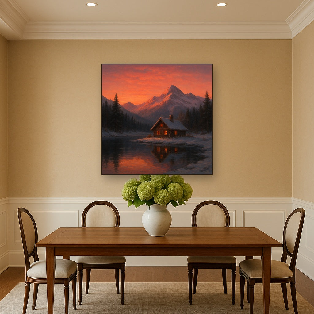 Winter Solstice Mountain Cabin Reflection No. 7 Oil Painting - View 4