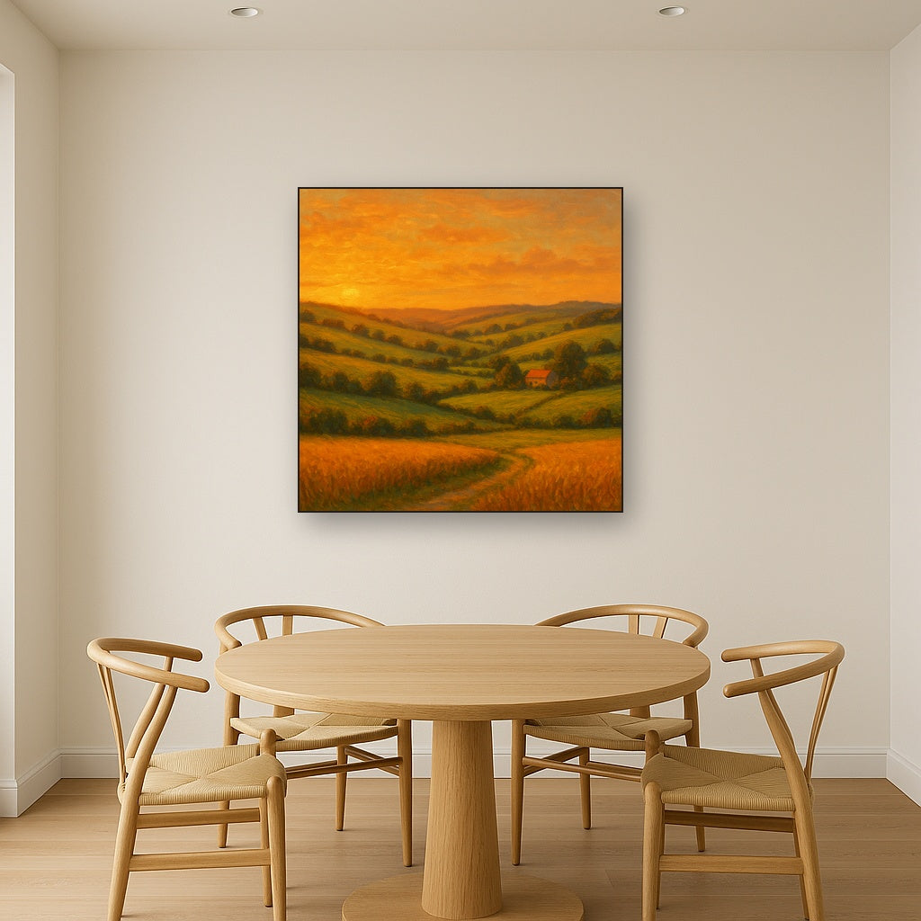 Rolling Pastoral Hills in Warm Golden Sunset Fine Art Oil Painting - View 4