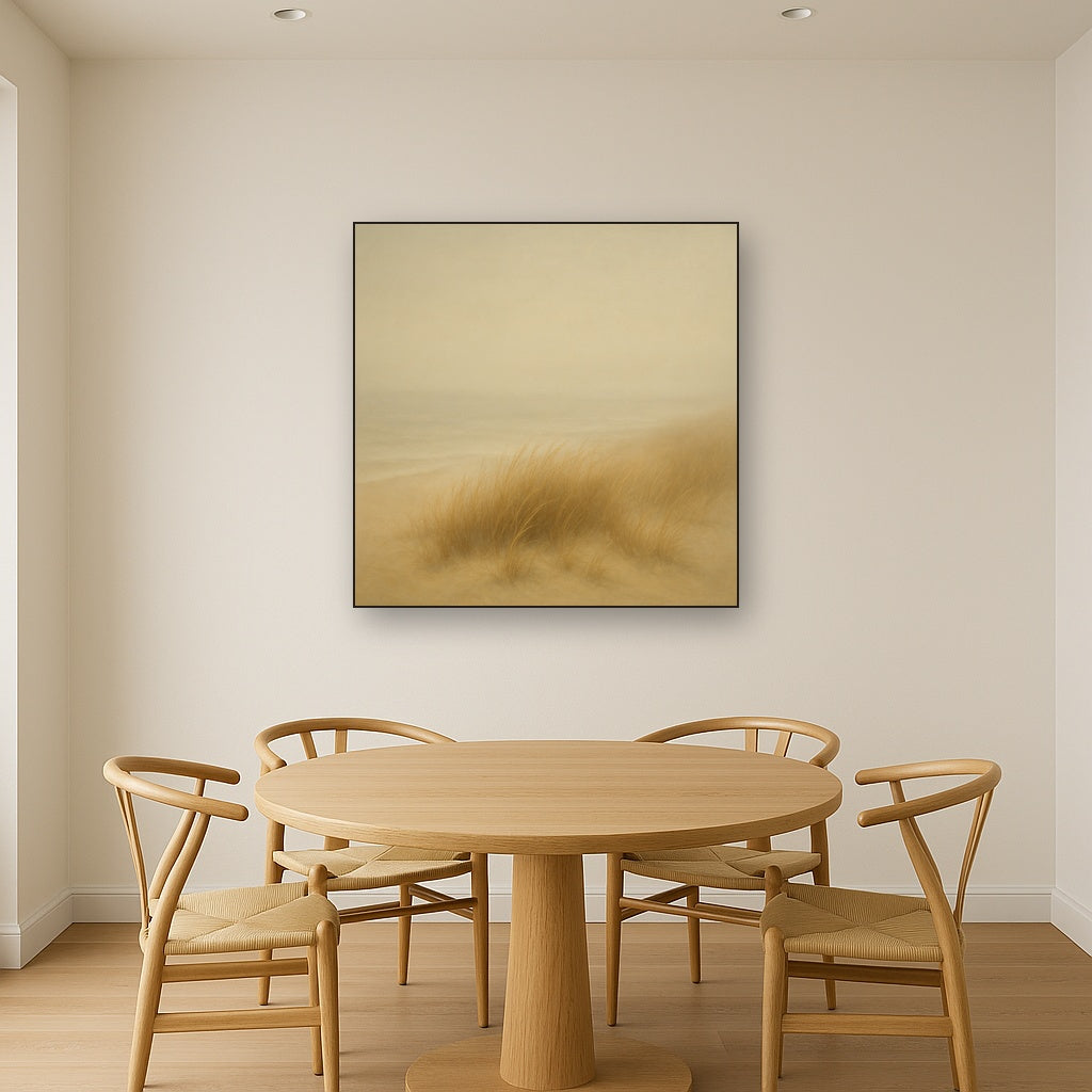 Silent Dune Grass in November Sea Fog No. 10 Oil Painting Staged Above Dining Room Credenza, Elegant Hand Painted Oil Art for Dining Room Walls