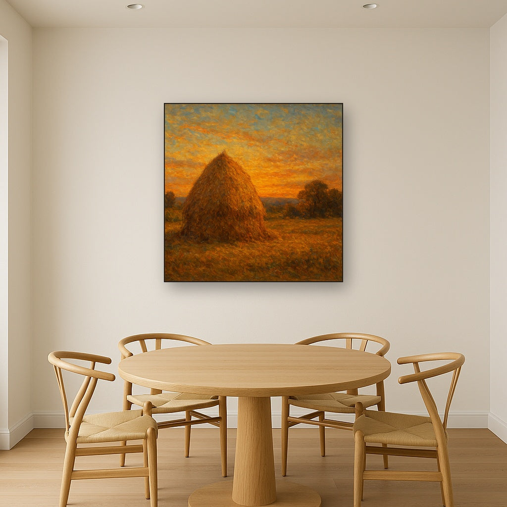 Rustic Countryside Haystack at Sunset No. 5 Oil Painting - Styled in Elegant Dining Room