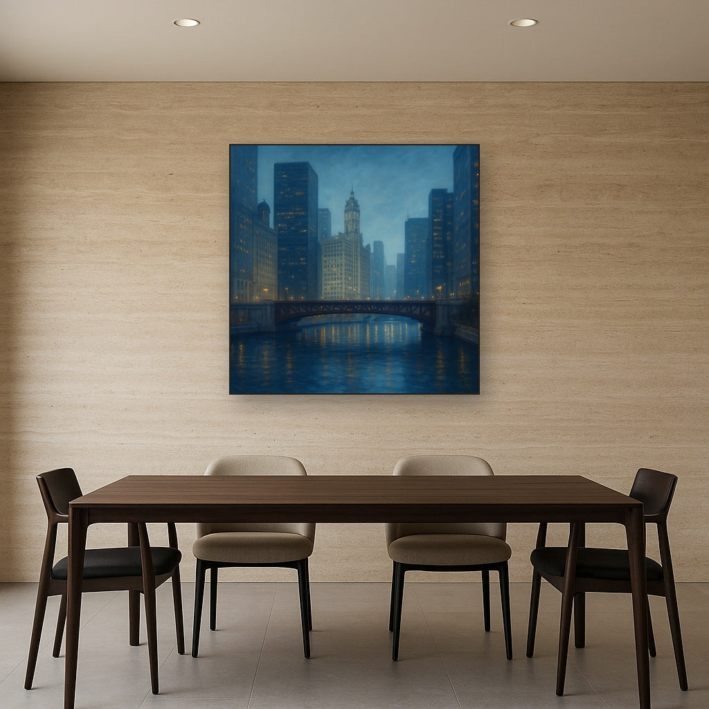 Chicago Riverfront Architecture at Blue Hour No. 4 Oil Painting - View 4