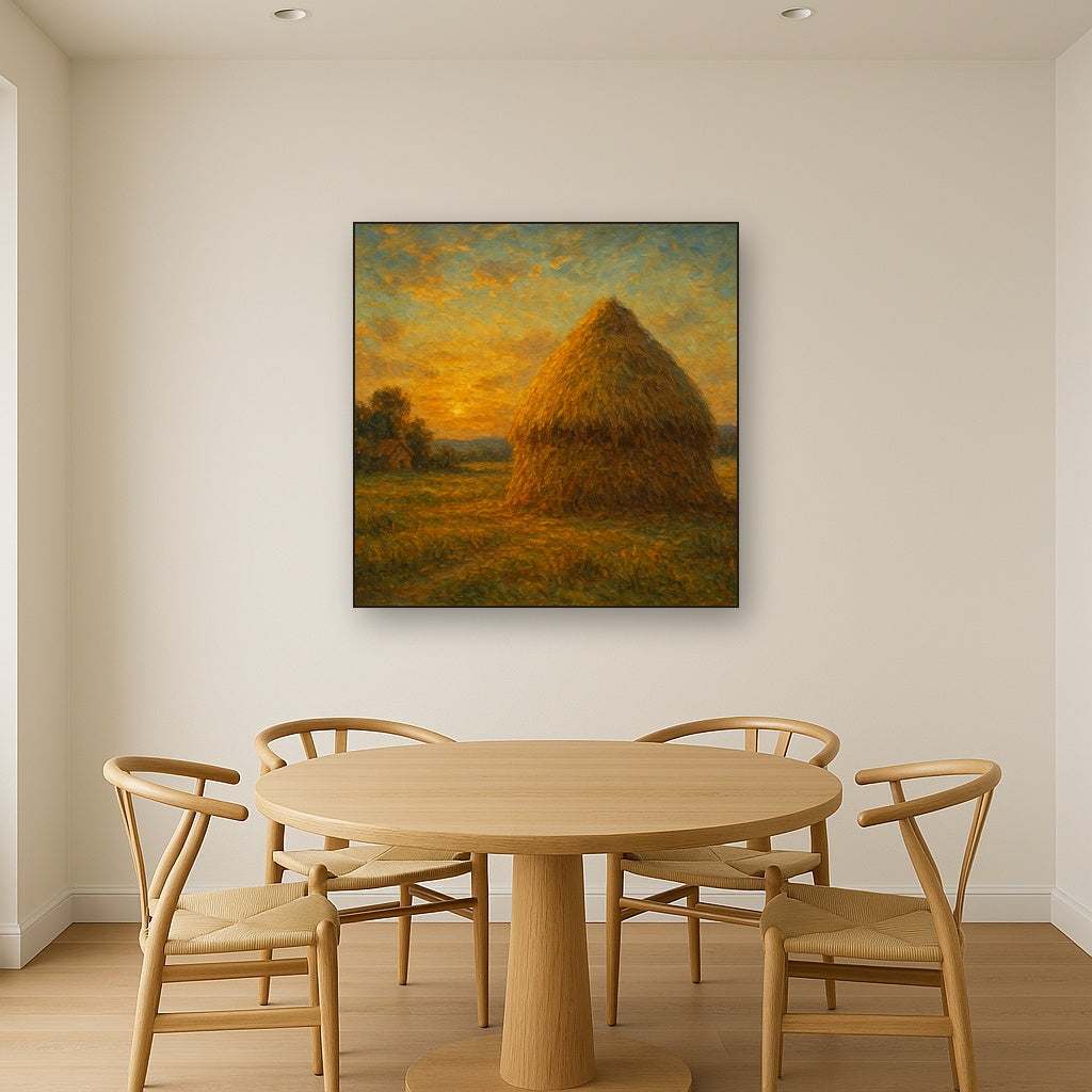 Rustic Countryside Haystack at Sunset No. 2 Oil Painting - Styled in Elegant Dining Room