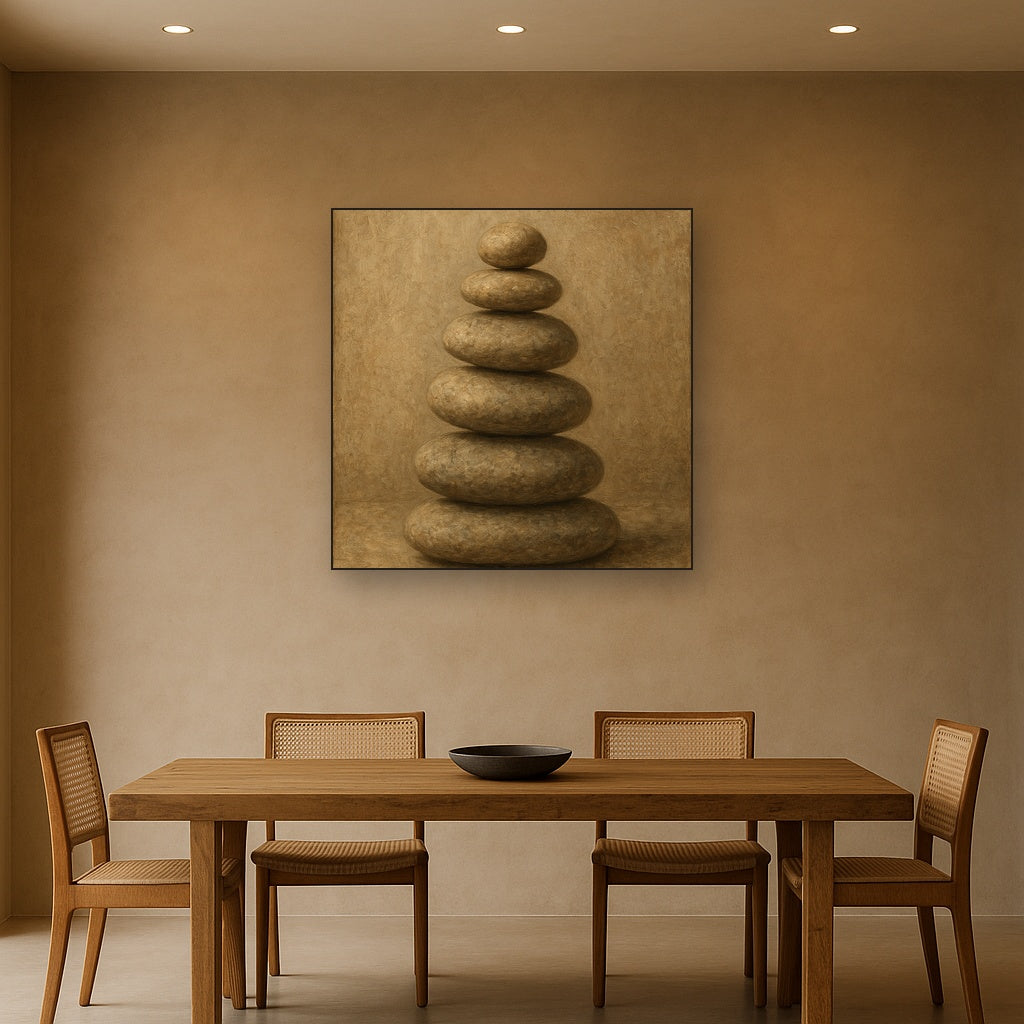 Stacked River Cairn Wabi-Sabi Oil Painting - Styled in Elegant Dining Room