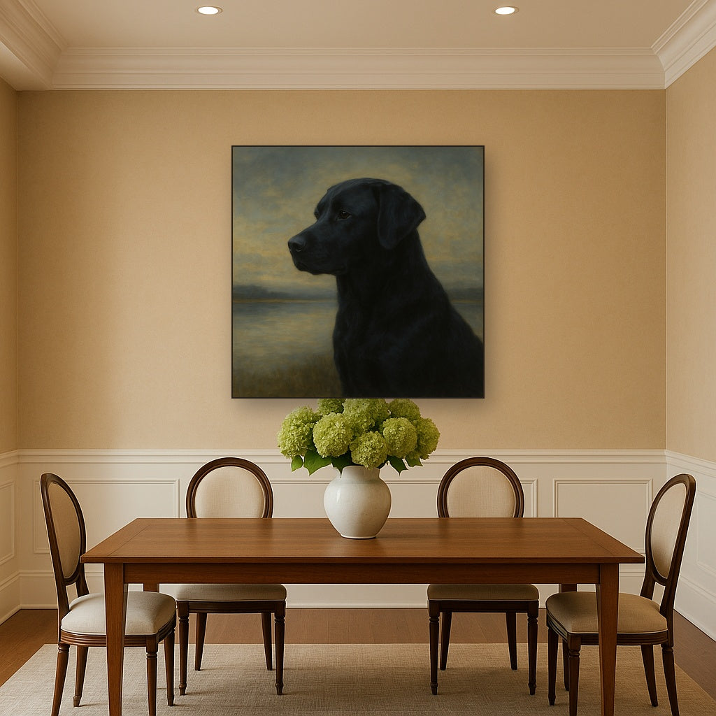 Black Labrador Retriever by Misty Lake Horizon No. 6 Fine Art Oil Painting - View 4